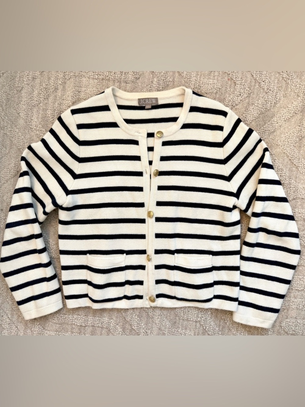 JCrew Navy and Cream Striped Lady Jacket (knit cardigan)